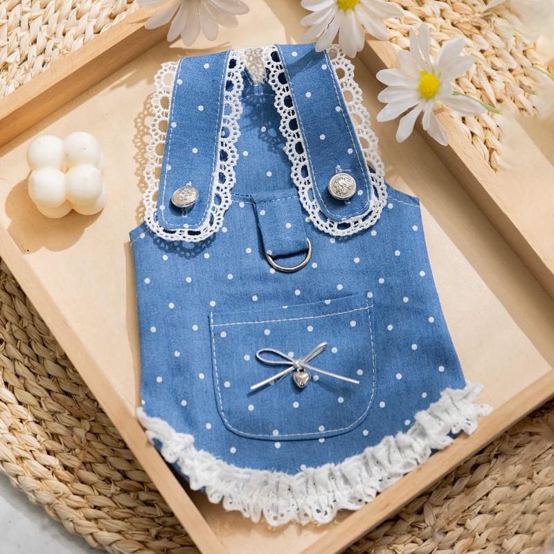 Minimalist Dog Dress With Denim Polka Dot Trim Harness-Compatible Back Strap