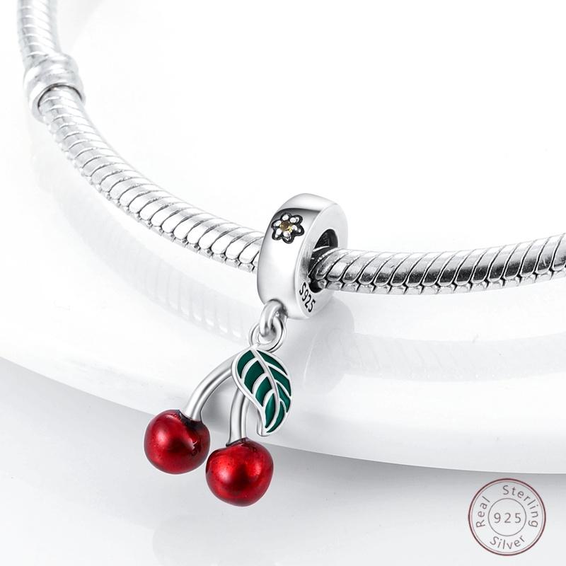Copper Beaded Pendant Red Shiny Zircon Fruit Strawberry Cherry For Original 3Mm Bracelet Women Fine Jewelry