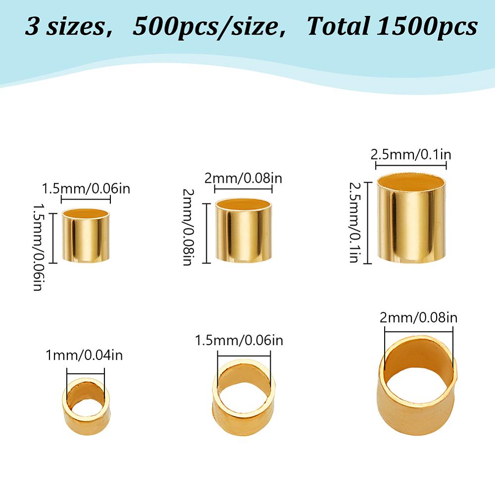 1set 1500pcs 3 Colors Brass Crimp Beads Cadmium Free & Lead Free Tube Golden 1.5~2.5x1.5~2.5mm Hole: 1~2mm 500pcs/style