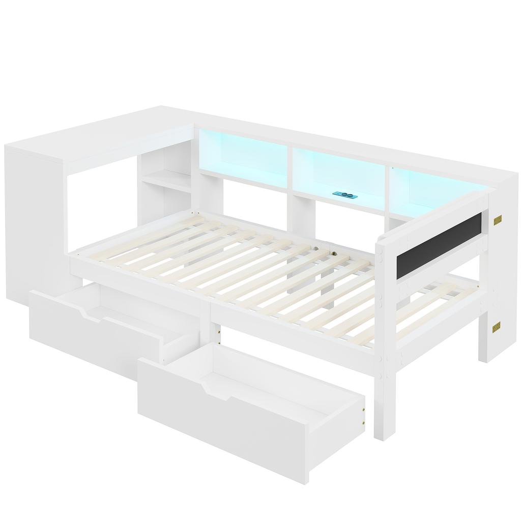 90x200 Wood Platform Bed with Shelves, Drawers, Charging Station and Upholstered Headboard, With Colorful LED Lights, White