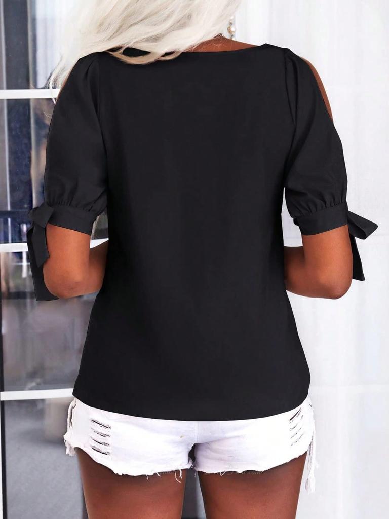 Women's Cold Shoulder V Neck T-Shirt Short Sleeve Loose Summer Cutout Blouse Top