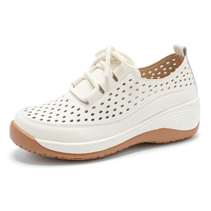 Summer Hollow Rocking Shoes In Mother Soft Surface Small Leather Shoes Non-slip Soft Sole Wedge Heel Mesh Shoes