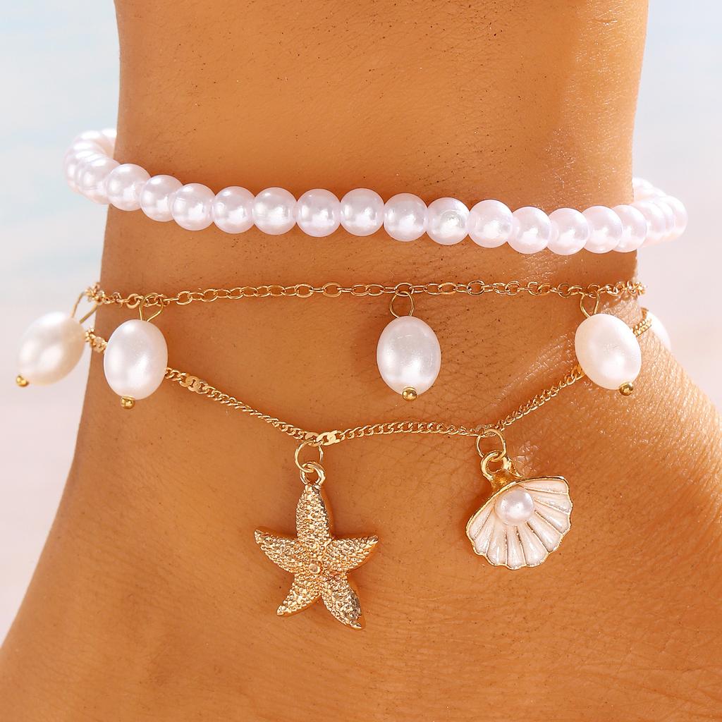 3pcs Set Creative Retro Starfish Conch Imitation Pearl Shell Beaded Stackable Anklets for Women Bohemian Vacation Jewelry Gifts