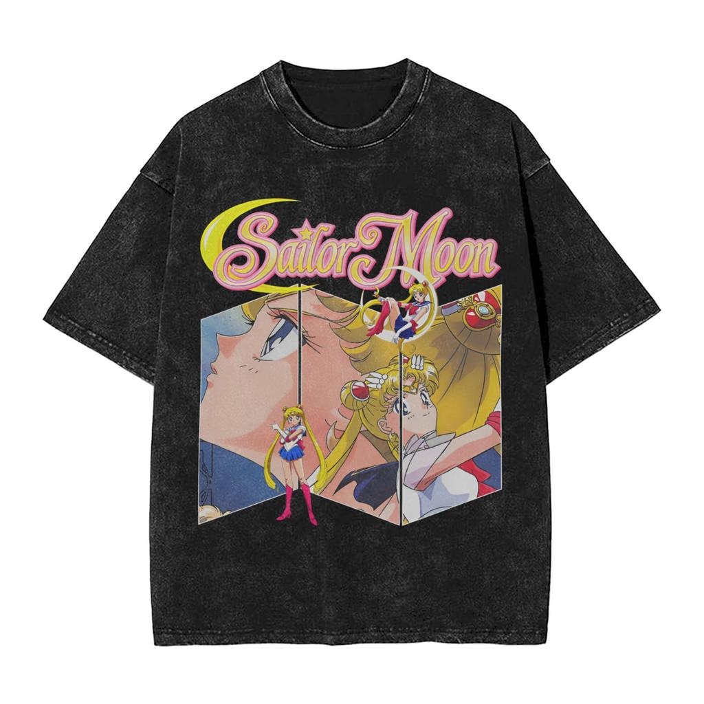 Sailor Moon Anime Printed Tshirt Mens and Womens Washed Tshirt High Quality Vintage Cotton Tshirt Harajuku YK Tops