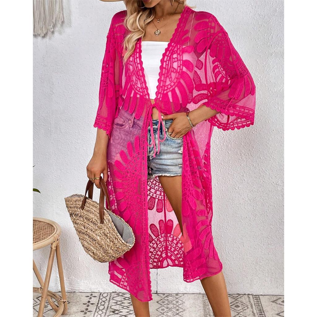Cardigan lungo in pizzo ricamato color sabbia da donna Copricostume nero a manica corta Cardigan all'uncinetto floreale Kimono Cardigan da spiaggia
