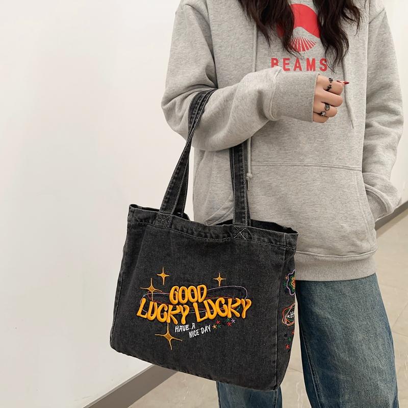 Большая вместительная холщовая сумка женская стираная джинсовая сумка-тоут студенческий — фото 11