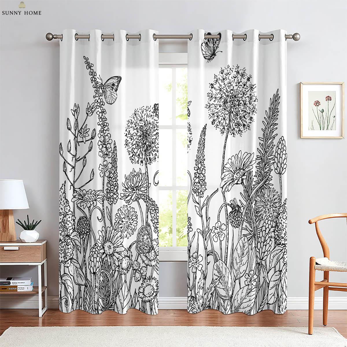 

Шторы с цветочным принтом и бабочками, шторы в пасторальном стиле для спальни, гостиной, кухни, декоративные шторы, 2 штуки W50xH140(CM)x2PCS&Rod pocket