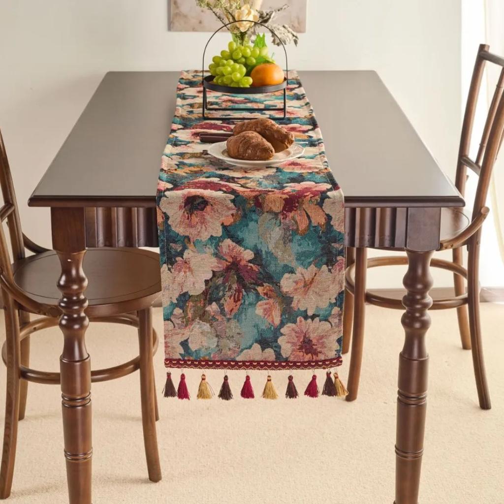 Chinese Style Vintage Tassel Table Runner Jacquard Living Room Bed Tail Coffee Dining Table Decoration Accessories Rustic Decor