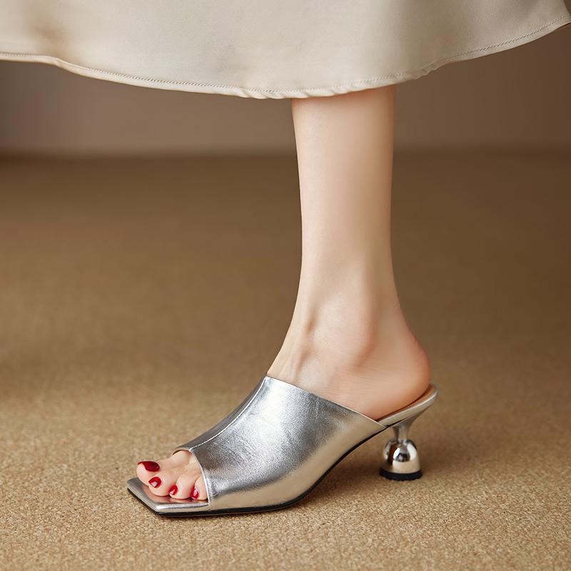 Fashion Women's Strange Heel Open Toe Slippers Genuine Leather Casual Fish Mouth Shoes Luxury Brand Open Toe Summer Solid Color Sandals