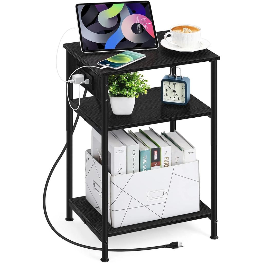 Nightstand with USB Charging Station, 3 Tier Narrow End Side Table with Storage Shelf for Living Room Bedroom Balcony, Black