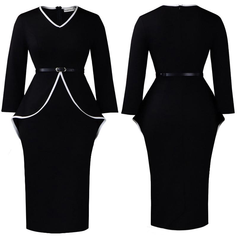 Women Elegant Solid Ruffle High Waist Bodycon Pencil Office Dress