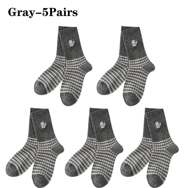 Damen Vintage KarosockenCartoon Katze BaumwolleMittelwade Lange Socken Grau Schwarz Weiß Frühling Herbst Freizeitsocken Damen Lange Socken