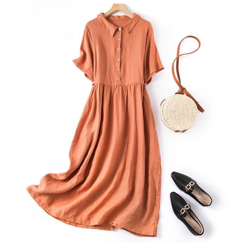 Summer Short Sleeve Shirt Collar Artsy Vintage Loose Single-breasted Skirt