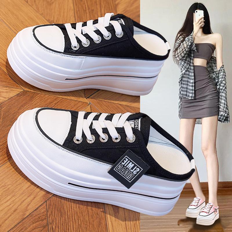Thick-soled White Shoes for Women Summer Breathable Mesh Shoes Half Slippers All-match Sports Casual Platform Shoes