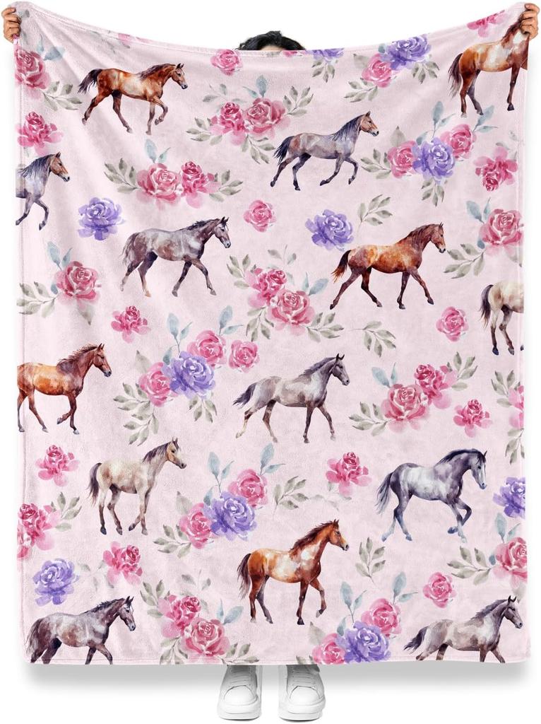 Couverture de Cheval Cadeaux Animaux Rose Floral Imprimé Fleur Cadeau Décor Maison Canapé Canapé Jeté Peluche Doux Confortable pour Enfants Adultes 50x60 pouces
