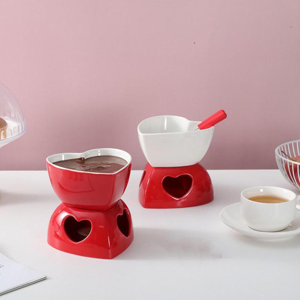 Chocolate Fondue Cup Ceramic Heart-shape With Forks Tealight Chocolate Melting Cup Mini Fondue Pot For Cheese Butter Caramel
