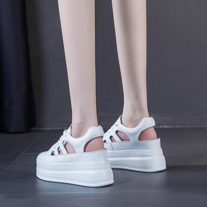 Fashion 9cm Hollow Full Cow Genuine Leather Women Summer Shoes Platform Sneakers Wedge Hidden Heel Women Summer Sandals Platform