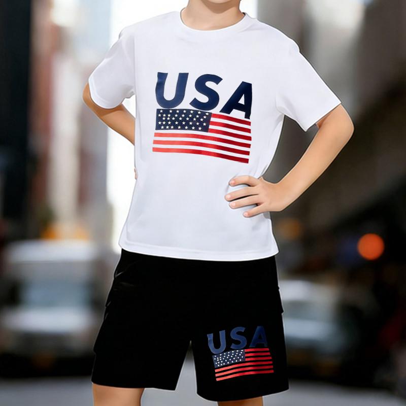 

Boys 2 Piece Classic USA Printed Outfit, Short Sleeve T-Shirt and Shorts Set for Kids Age 5-14,Black and White Sporty Casual Summer Clothes 13-14 Years
