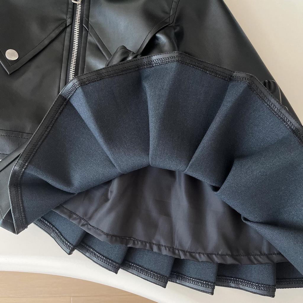 Girls' Autumn PU Leather Biker Outfit: Korean-Style Jacket & Pleated Skirt Set