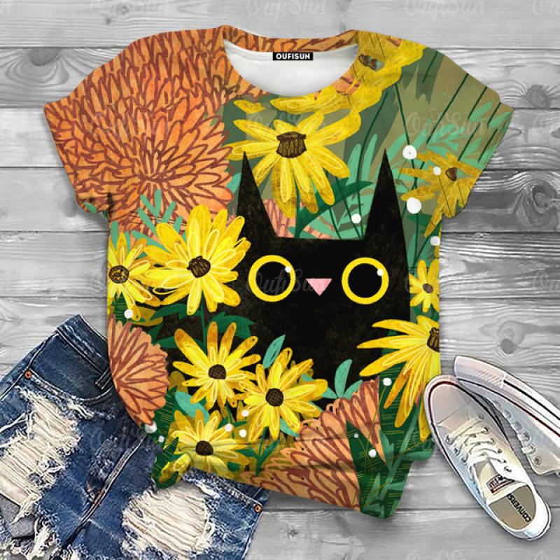 Cute Cartoon Cat Print Women's T-Shirts Top Short Pullover Sleeved Fashion Casual Style O-Neck Tee Shirt Female Clothing Summer