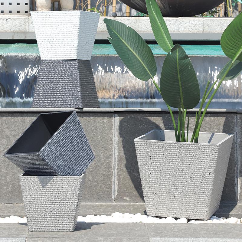 Faux Stone Resin Planter with Tray - Indoor/Outdoor Square Pot