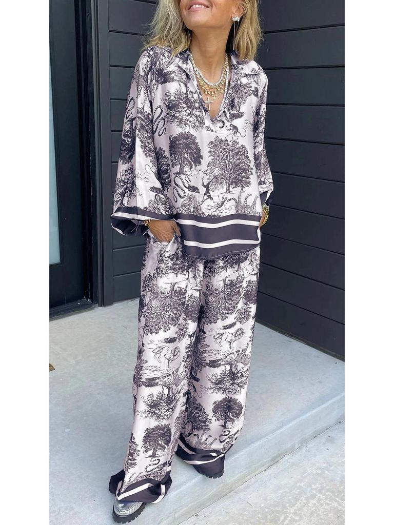 2024 V-neck Print Long Sleeve Women's Fashion Set with Pockets