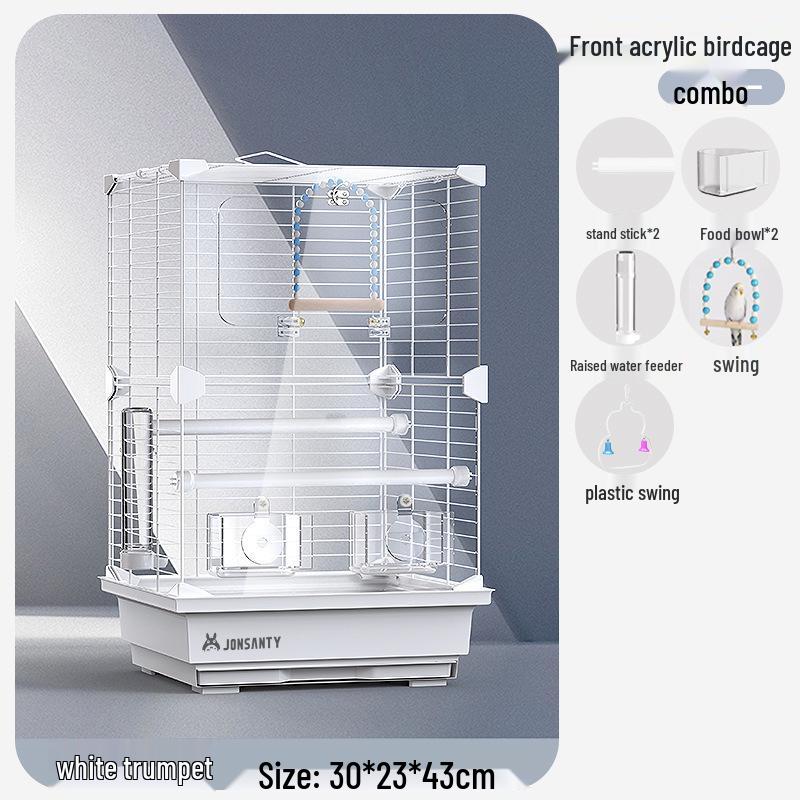 Großer Acryl-Vogelkäfig für Papageien, Nymphensittiche & Wellensittiche - Transparente Vorderseite mit Metallrahmen