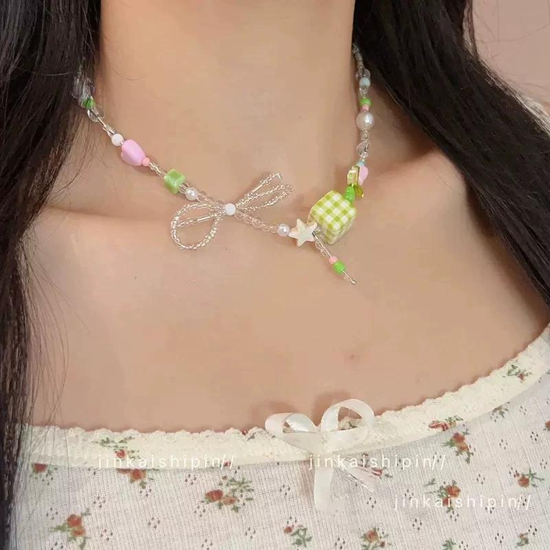 2026 Trendy Handmade Beaded Colorful acrylic Bowknot Star Pendant Necklace For Women Summer Y2k Sweet Aesthetic Neck Jewelry