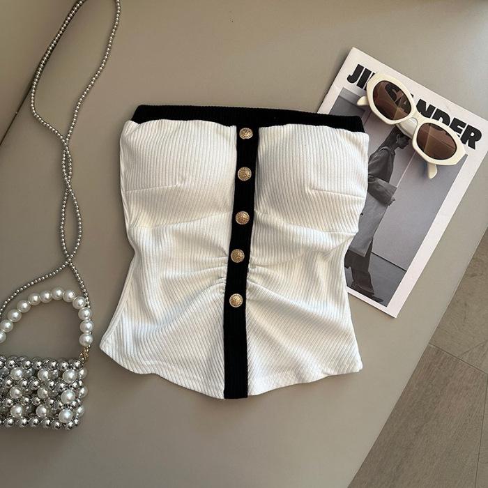 Off-the-Shoulder Dongdaemun Bandeau: Spring/Summer Color-Block Tank with Buttons - Chic Korean Style, Pure Desire.