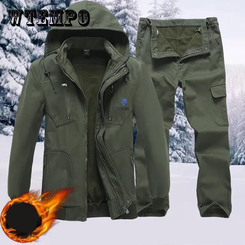 Pánská podzimní zimní venkovní maskáčová zateplená bunda s límečkem, fleecová bunda a kalhoty, 2dílná sada