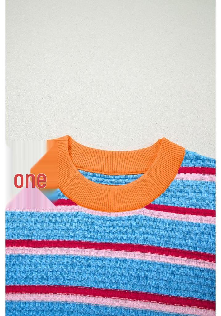 Women's Casual Striped Patchwork Short Sleeve Round Neck Sweater