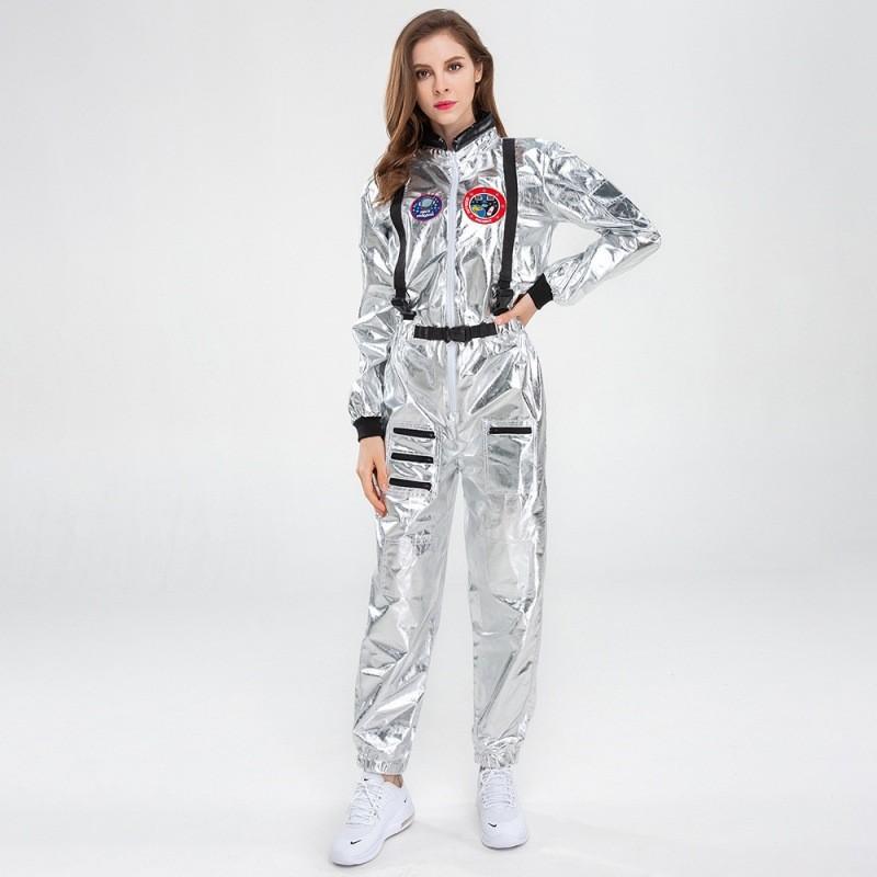 Elegant Silver Female Astronaut Costume For Halloween Featuring Stylish Cosplay Design