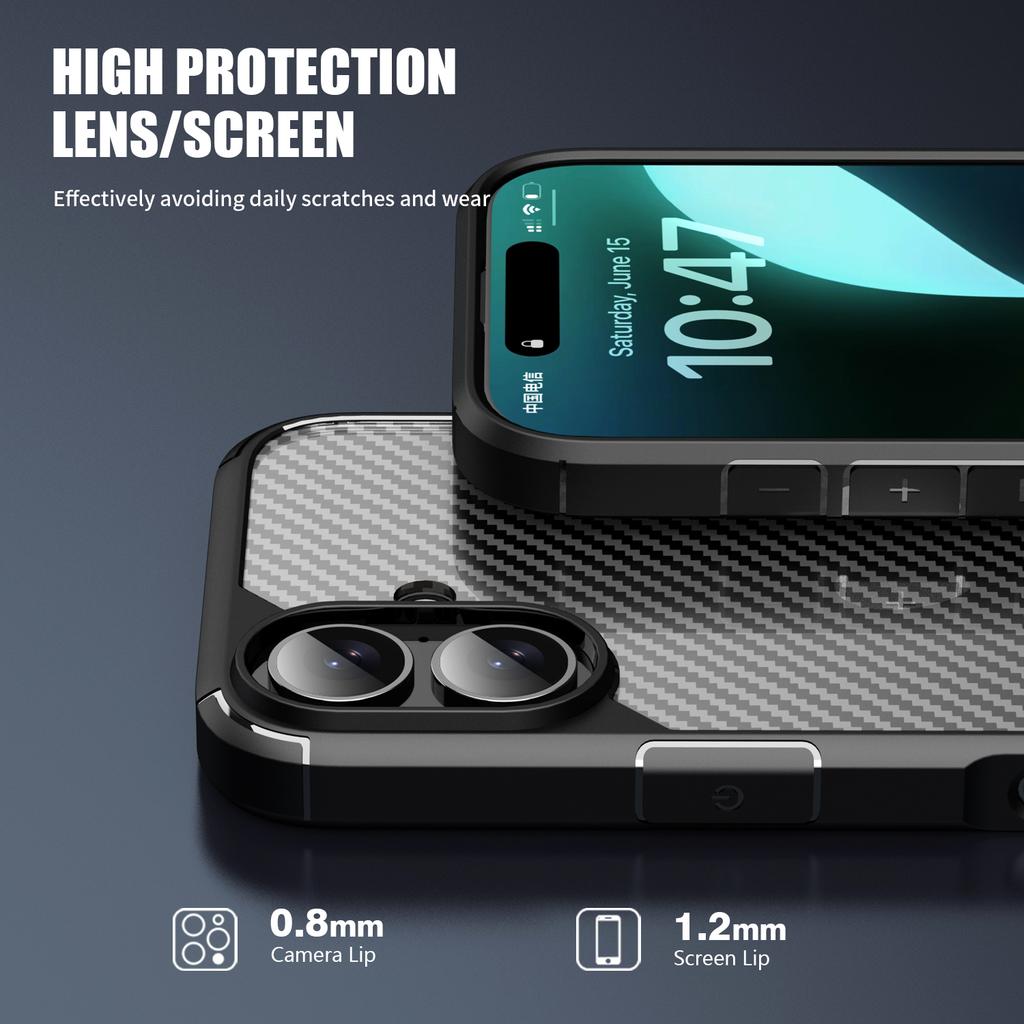 For iPhone 16 Case Carbon Fiber Texture Anti-Scratch TPU+PC Back Cover