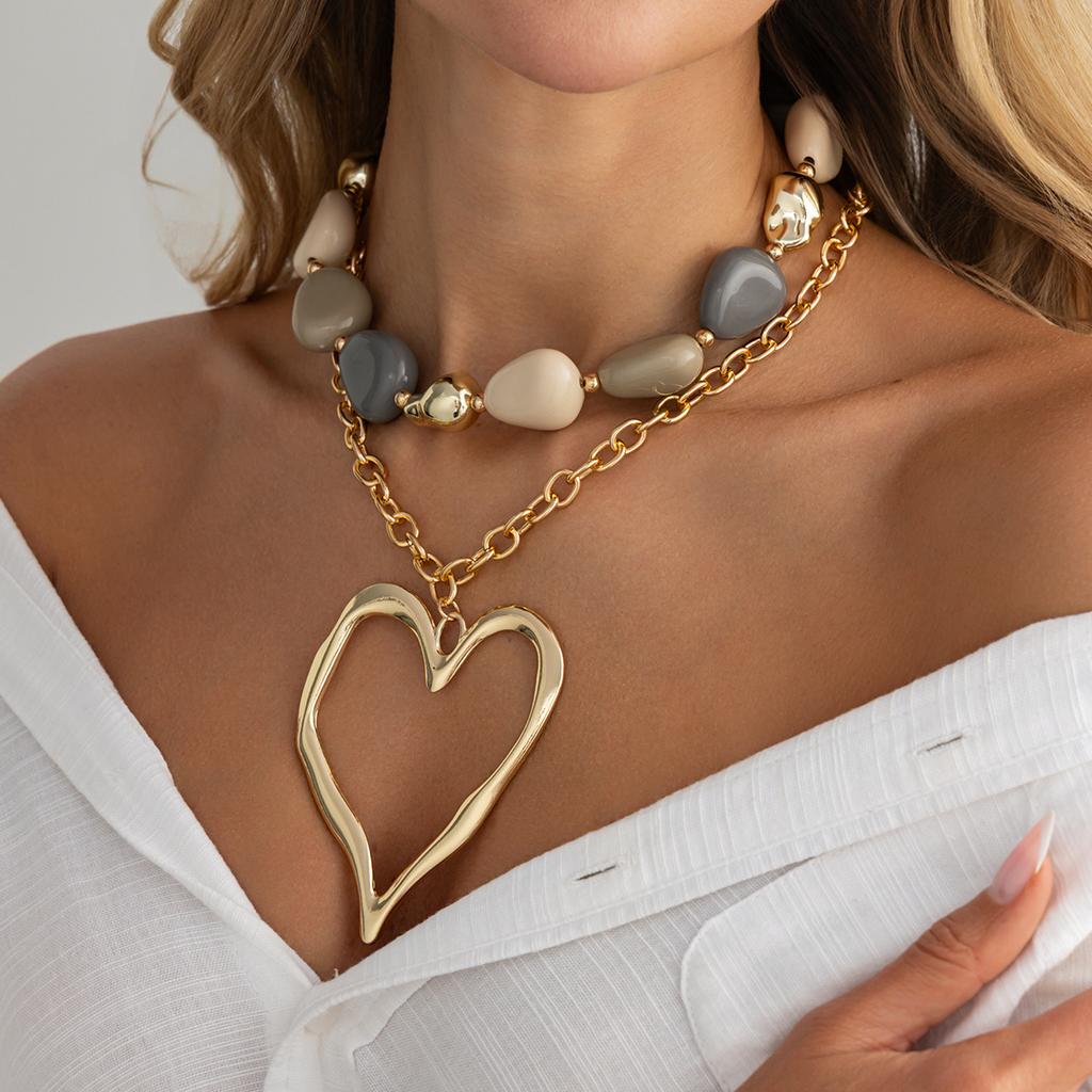 DIEZI Bohemian Baroque Irregular Resin Beads Heart Pendant Necklace For Women Party Fashion Statement Choker Necklace Jewelry