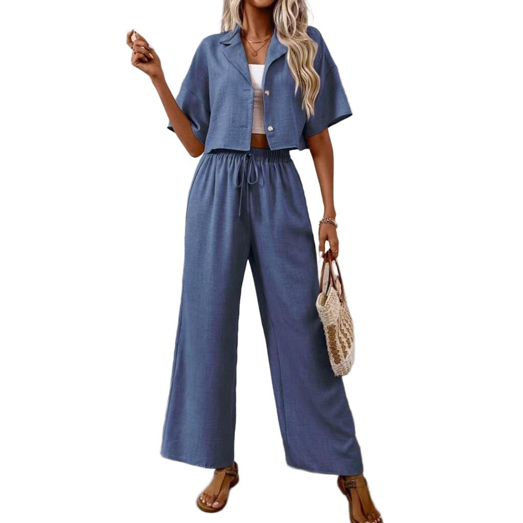 Damen Zweiteiler Lässig Locker Kurzarm Kragen Button-Down Oberteile und Elastischer Bund Kordelzug Weitbeinige Hosen