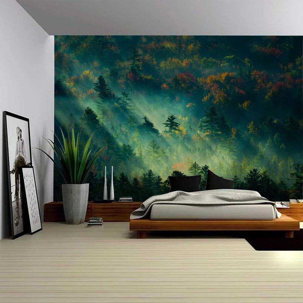 Beautiful Forest Tapestry Mist Jungle Landscape Wall Hanging Bohemian Fabric Decorative Carpet Home Room Background Poster