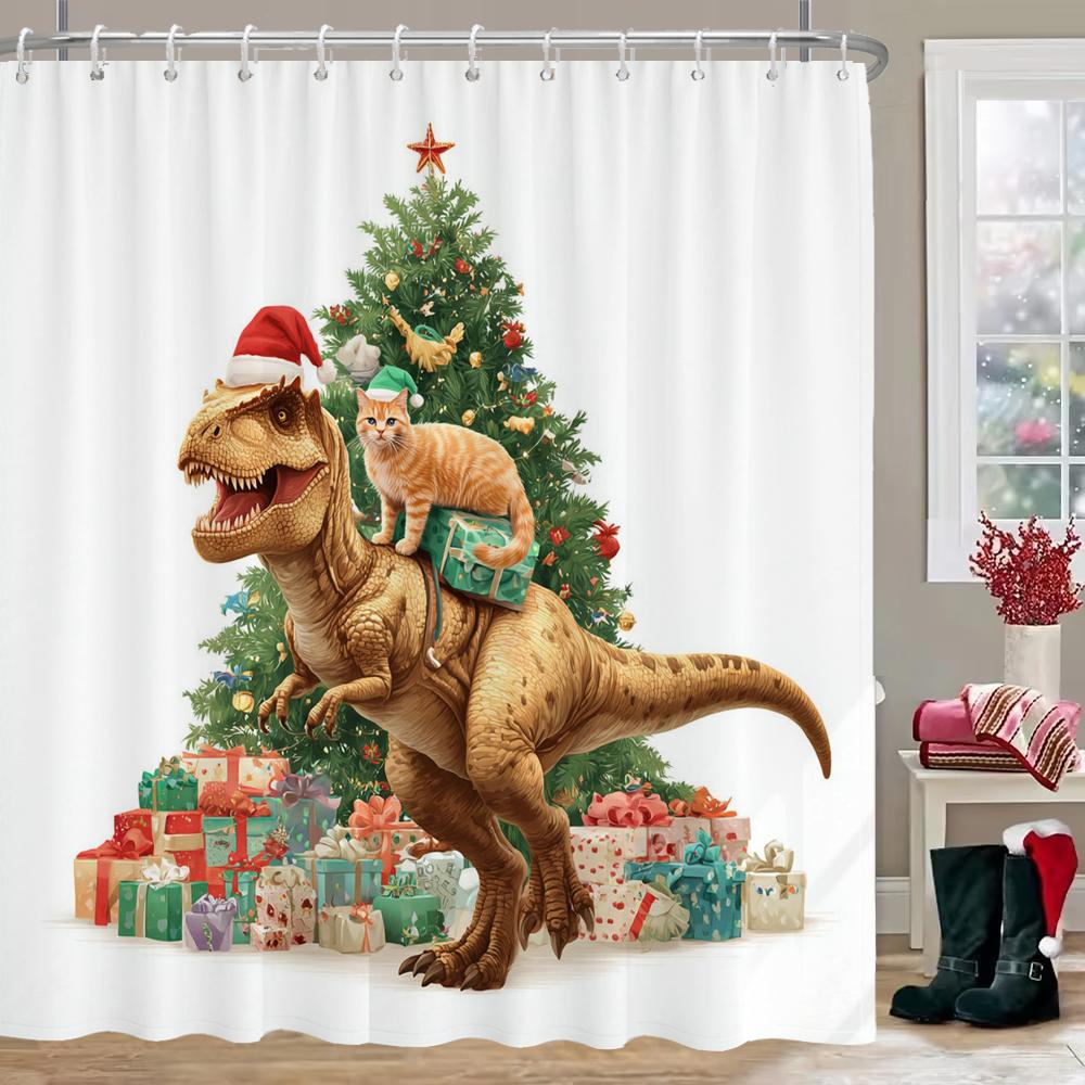 Merry Christmas dinosaur cat Print Bathing Curtain Bathroom Shower Curtain With Hooks bathroom home decor and accessories