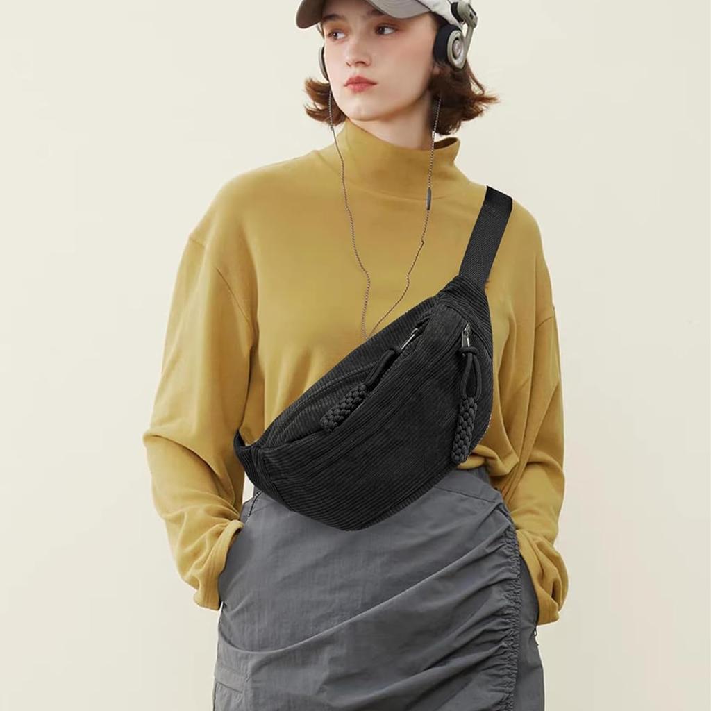 EDu Small Waist Pouch with Adjustable Shoulder Bag Women's Strap, (Black)