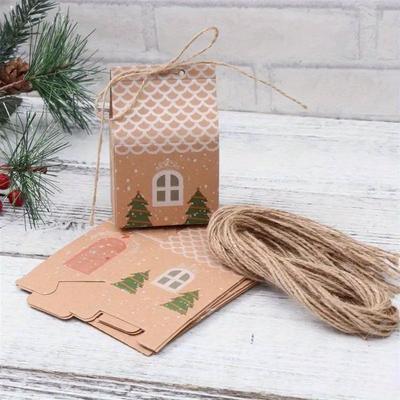 10pcs Party Supplies Holder Xmas Decor House Shape Cookies Pouch Christmas Candy Box Kraft Paper Gif