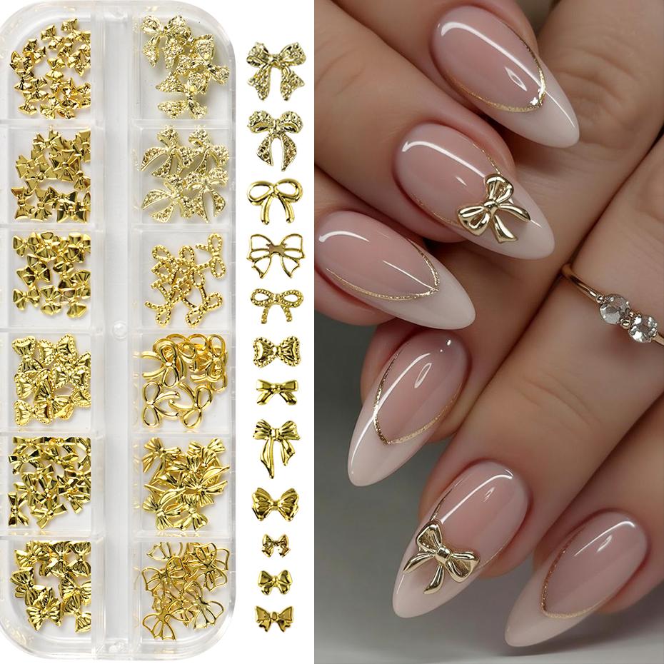 Xiaomi 12 Designs Golden Bow Nail Art Accessories Knot Bow Alloy Nail Charms Design Nail Art Decorations Studs Jewelry Makeup Manicure