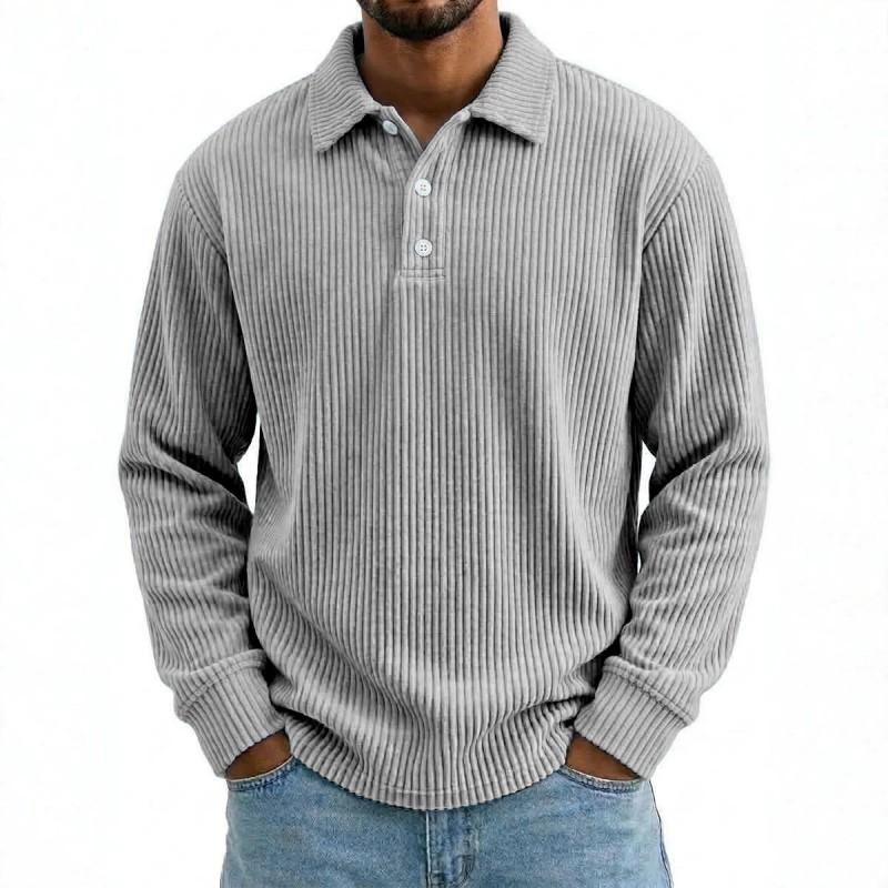 Mens Solid Corduroy Relaxed Fit Long Sleeve Polo Shirt Casual Wear