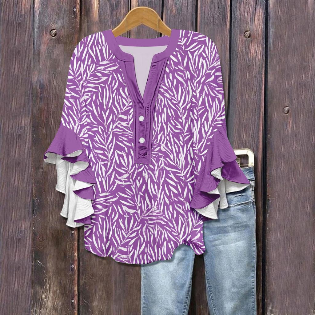 Women's Summer Tops V Neck Three-quarter Sleeves Floral Print Flowing Ruffle Sleeves Half-button Shirt