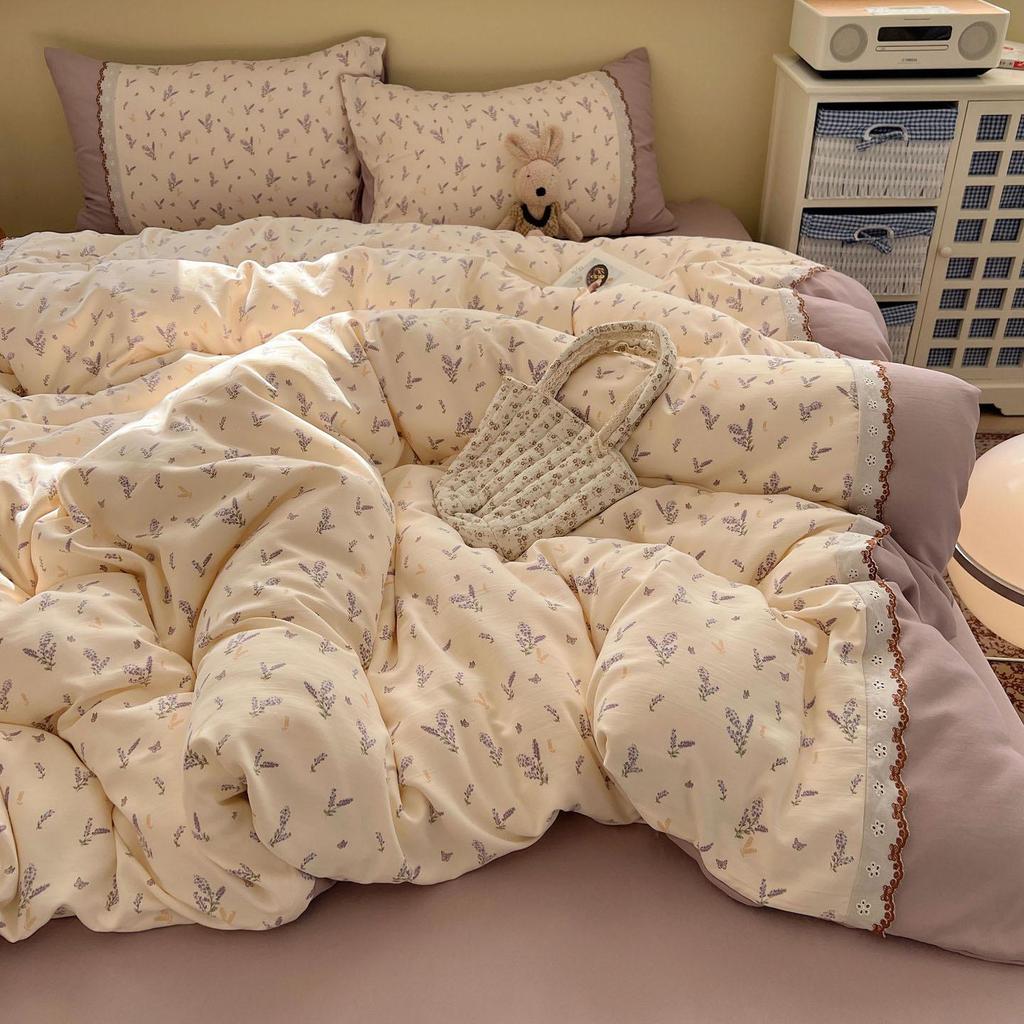 Korean Fresh Four-Piece Set: Cotton Lace Trim, Double Layer Gauze, Aerobic Jacquard Herringbone, Thickened.