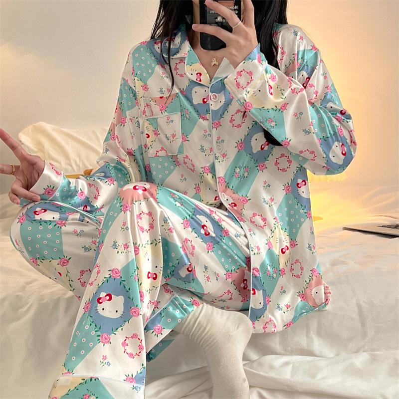 Popular Plaid Cardigan Loungewear Girl Home Cartoon Cute Summer Ice Silk Short-Sleeved Suit