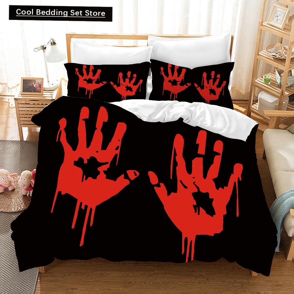 Halloween King Queen Duvet Cover Horror Blood Hand Bedding Set for Teens Scary Red Blood Stains 2/3pcs Polyester Quilt Cover