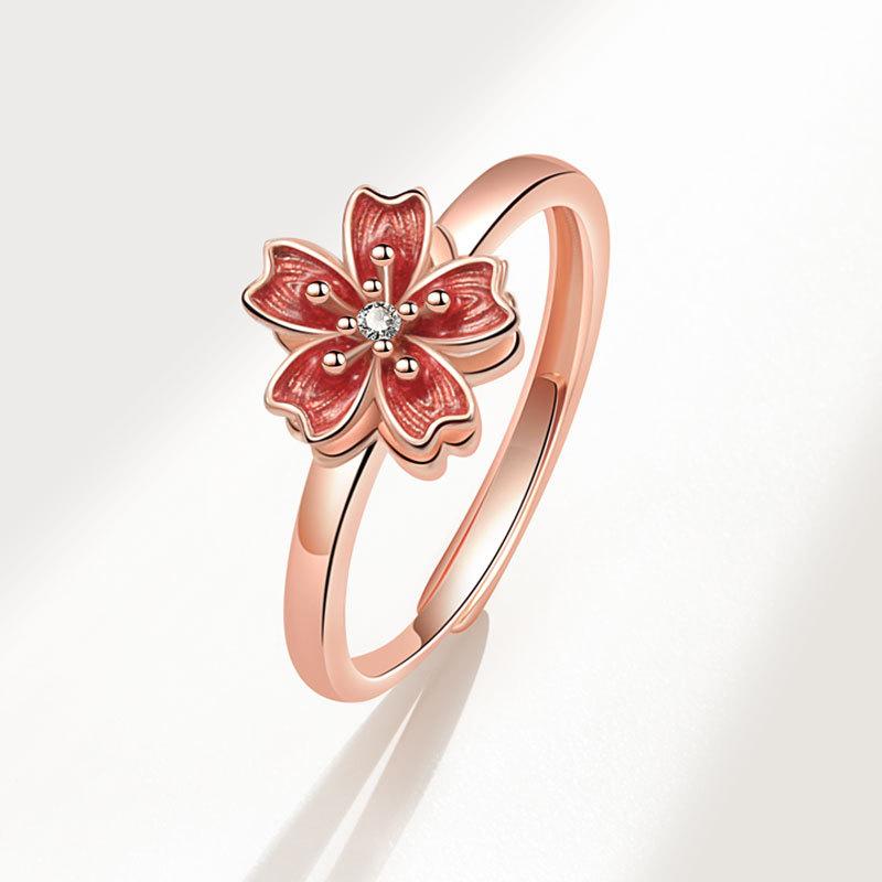 Anillo giratorio ajustable de esmalte de flor de melocotonero para la ansiedad para mujer, anillo de nudillo de metal de flor antiansiedad relajante Bague Femme