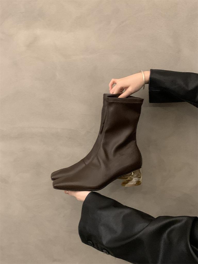 Thick heel square toe black boots women's shoes 2025 new fall and winter fleece brown skinny boots Korean small ankle boots