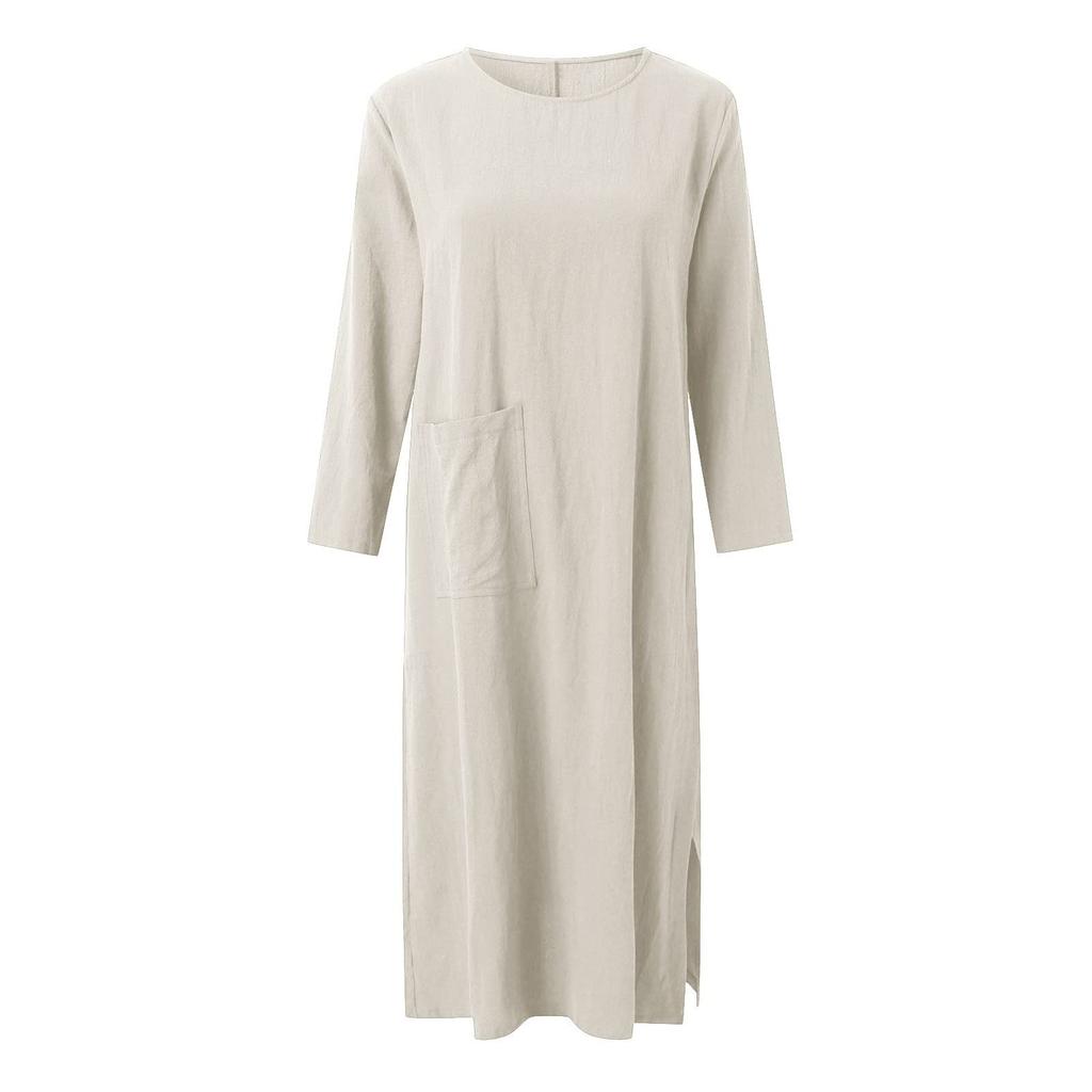 Lässiges, lockeres, langärmeliges Swing-Kleid mit einer Tasche und Rundhalsausschnitt für Damen