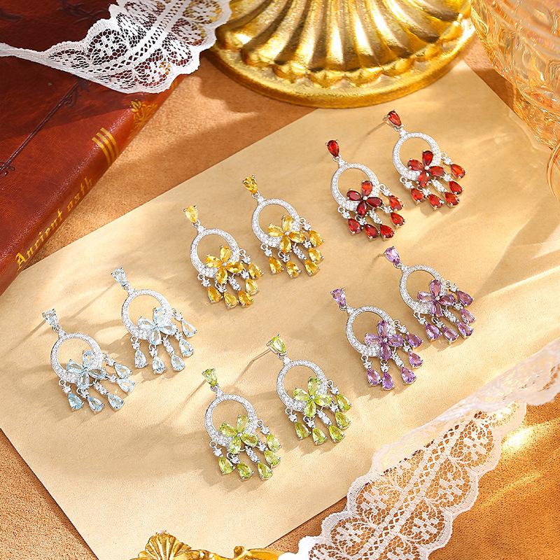 S925 Silver Colorful Crystal Tassel Earrings French Palace Style Drop Earrings