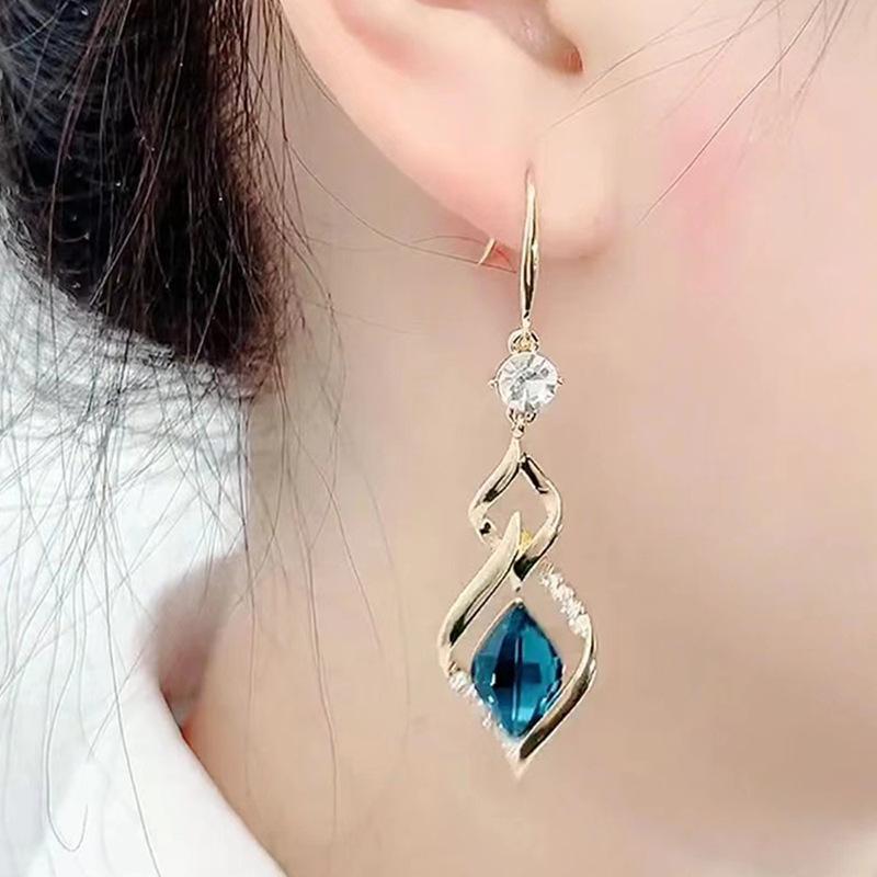 Korean Style Geometric Rhombus Crystal Tassel Earrings for Women
